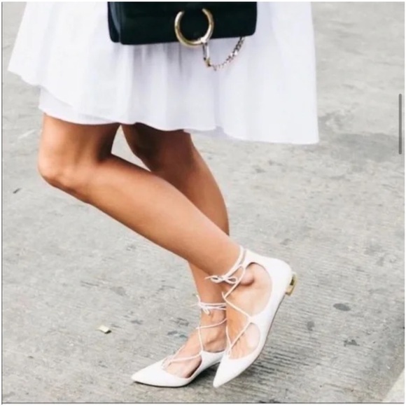 AQUAZZURA CHRISTY WHITE LEATHER LACE UP ANKLE WRAP POINTED TOE BALLET FLATS - Picture 15 of 15